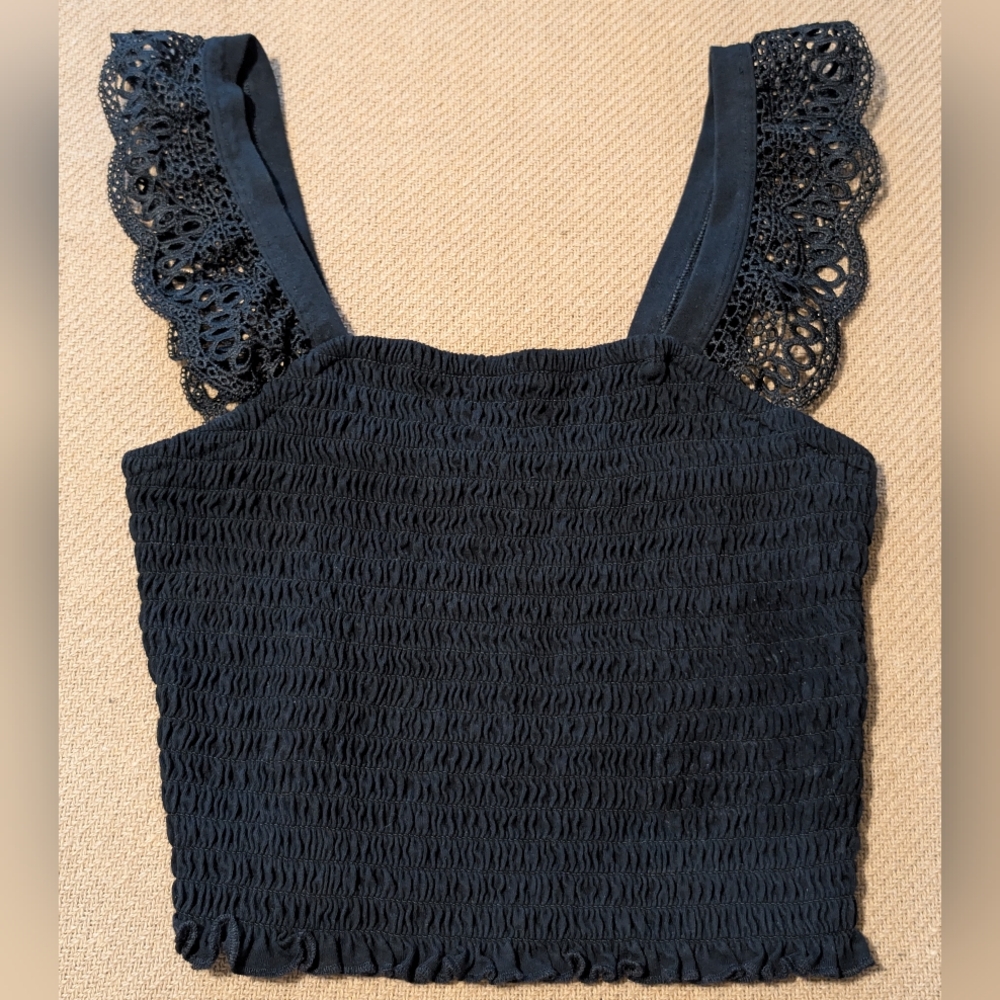 Express Black Smocked Crochet Lace Sleeve Cropped Tank Top